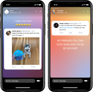 Twitter'ın fleet özelliğini gösteren iki telefon. İki ekranda da tweetlerin ekran görüntüsü ve üstlerinde paylaşım yapan kişinin yorumları normal metin şeklinde yer alıyor.