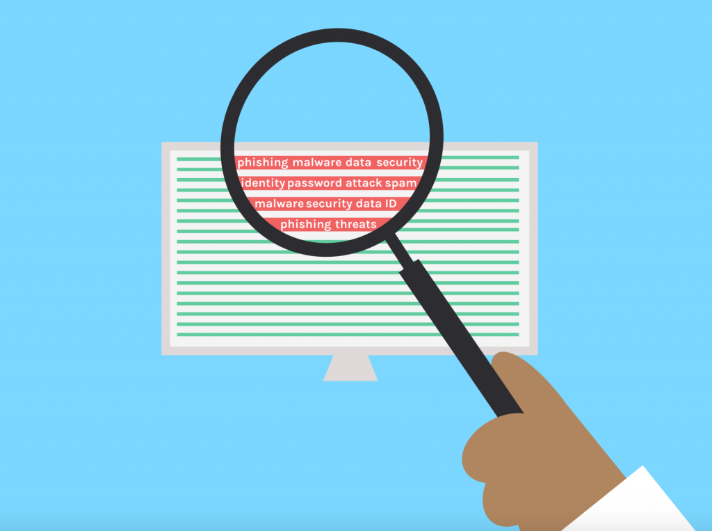 Bilgisayar ekranına büyüteç tutan bir animasyon, lensin içerisinde farklı güvenlik tehditlerinin isimleri yazıyor.