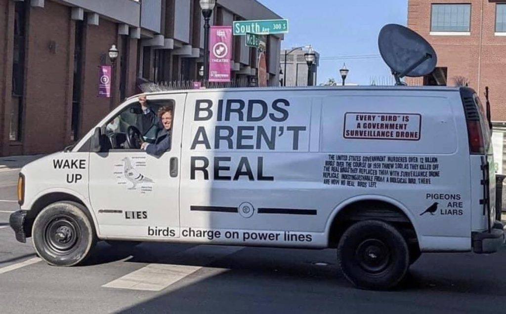 kuşların gerçek olmadığını savunan komplo teorisinin iddialarını üzerine yazdığı bir pikap kamyon ile sokakta dolaşan McIndoe.