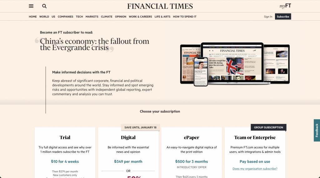 Financial Times'ın ödeme duvarının ekran görüntüsü