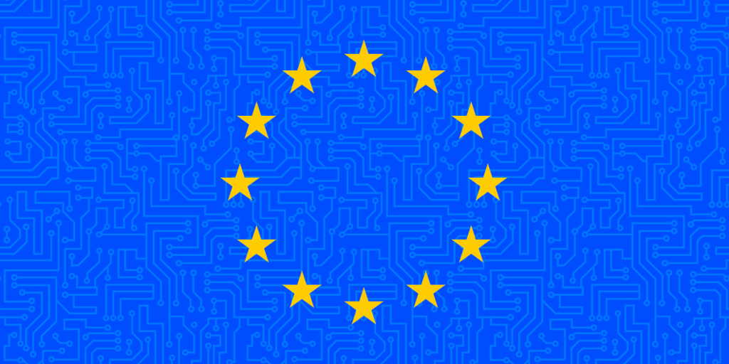 Avrupa Birliği bayrağının arka planı çip devrelerine benzer bir desenle değiştirilmiş.