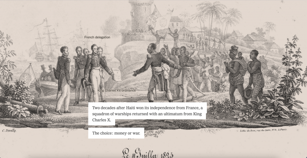 New York Times'ın The Ransom dosyasından bir ekran görüntüsü. Arka planda Haiti'de yaşananları anlatan tarihi bir çizim var, üstünde ise haberin ilk paragrafı görülüyor.