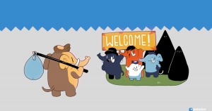 Mastodon'un maskotu olan mamutu, Hoşgeldin pankartı açmış farklı renklerdeki mamutlar tarafından karşılanırken gösteren bir çizim.