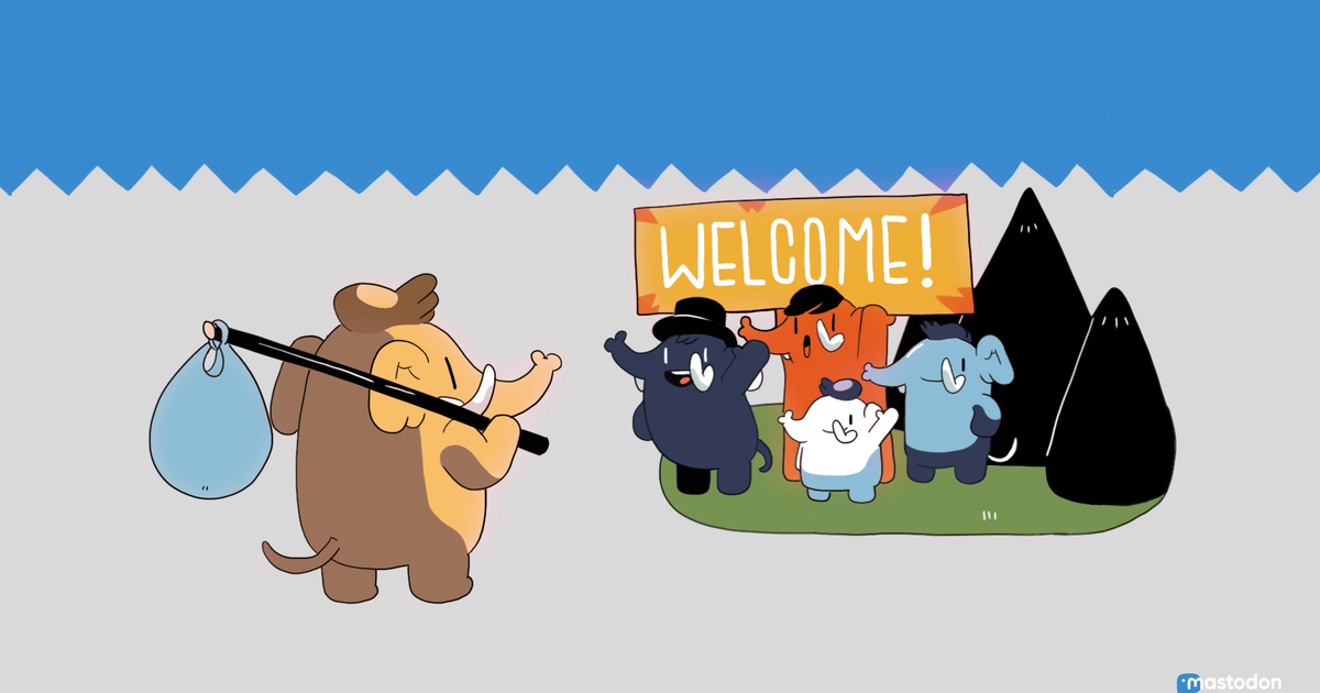 Mastodon'un maskotu olan mamutu, Hoşgeldin pankartı açmış farklı renklerdeki mamutlar tarafından karşılanırken gösteren bir çizim.