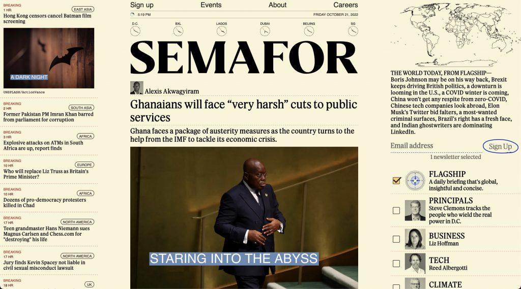 Semafor'un ana sayfasının bir ekran görüntüsü.