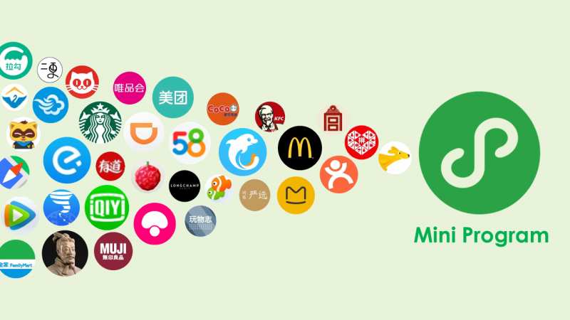 WeChat mini program tanıtım görseli. En sağda sistemin logosu var, sol taraftan o logoya doğru gelen onlarca farklı markanın daha küçük logoları arasında McDonalds, KFC, Starbucks, Muji var.