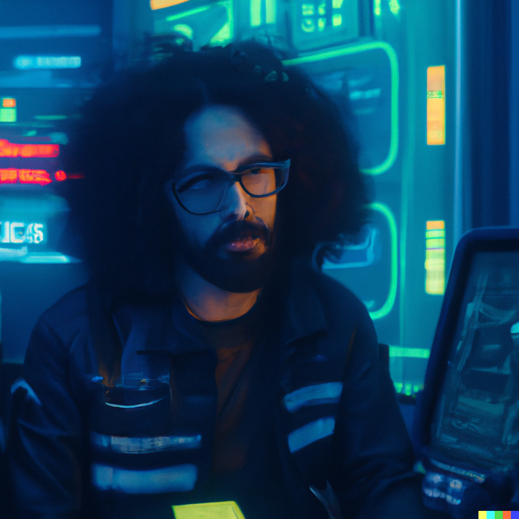 Dall-E ile oluşturulan görsele verdiğim komut: "uzun kıvırcık saçlı, uzun sakallı ve gözlüklü bir adam cyberpunk bir kontrol odasında gelecek üzerine tahminlerde bulunuyor".