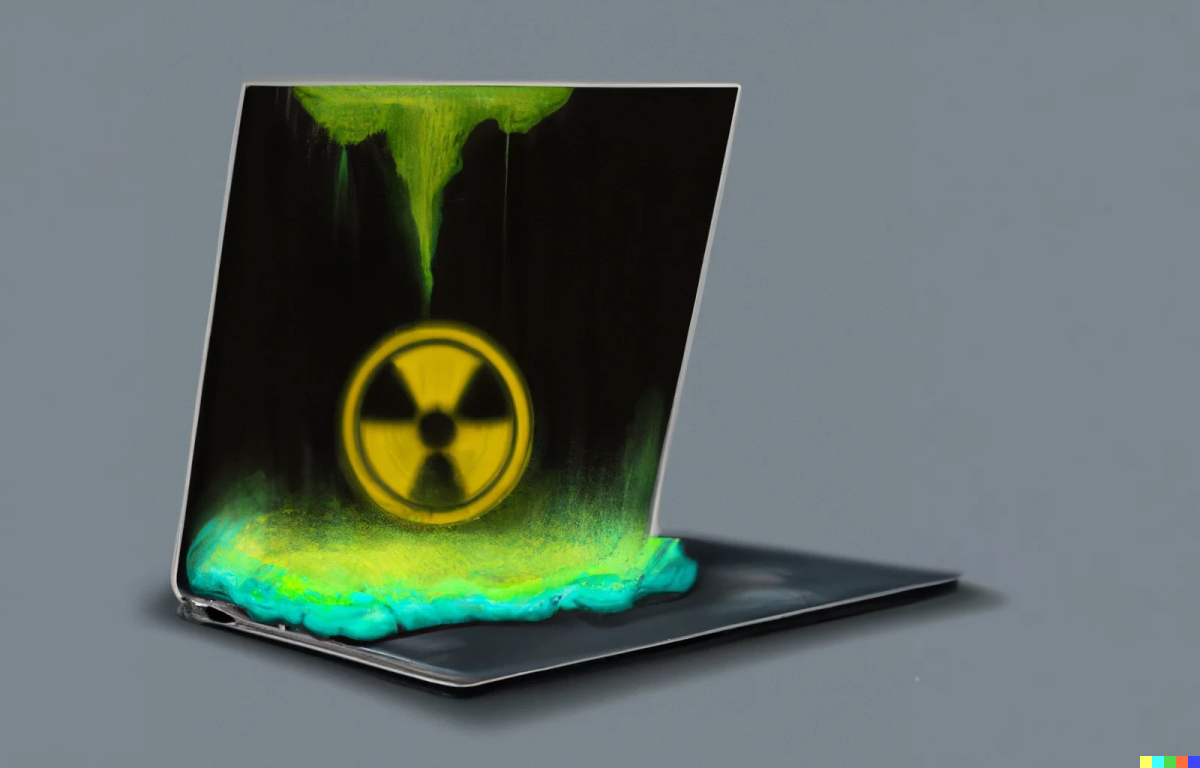 DALL-E ile üretilen görselde gri arka planın önünde bir laptop duruyor. Laptopun ekranında radyoaktivite sembolü var ve ekrandan neon yeşil, mavi ve sarı renklerde gazlar ve sıvılar çıkıyor.