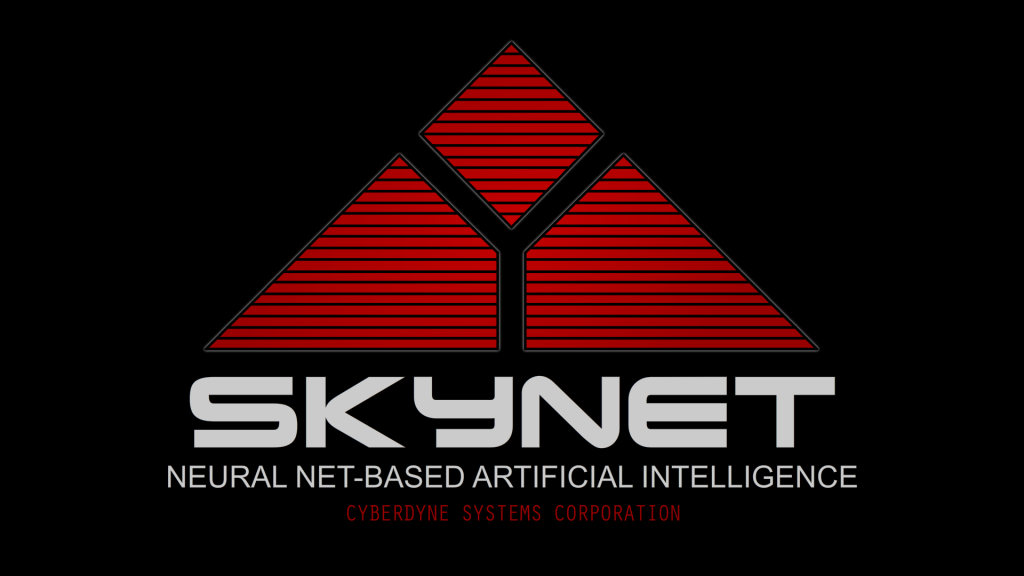 Terminatör filmindeki yapay zeka Skynet'in logosu. Kırmızı bir üçgen Y harfi oluşturacak şekilde üçe bölünmüş, altında da Skynet ve Cyberdyne Systems Corporation yazıyor.