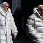 Midjourney ile üretilen iki Papa görseli yan yana. İkisinde de Papa Balenciaga tarzı büyük beyaz şişme kotla görülüyor. İlkinde sokakta yürürken ikincisinde siyah arka plan önünde güneş gözlükleriyle poz vermiş gibi duruyor.