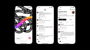 Threads isimli uygulamanın üç farklı ekranını siyah arka plan üzerinde gösteren bir görsel. İlk ekranda giriş sayfası, ikincisinde timeline, sonuncuda profil sayfası var.