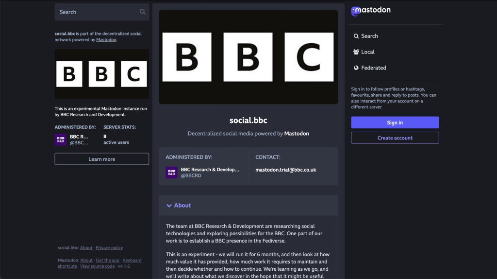 BBC'nin Mastodon sunucusunun Hakkında sayfasının ekran görüntüsü. Sayfada sunucunun amacı, kuralları ve daha birçok bilgi paylaşılmış.