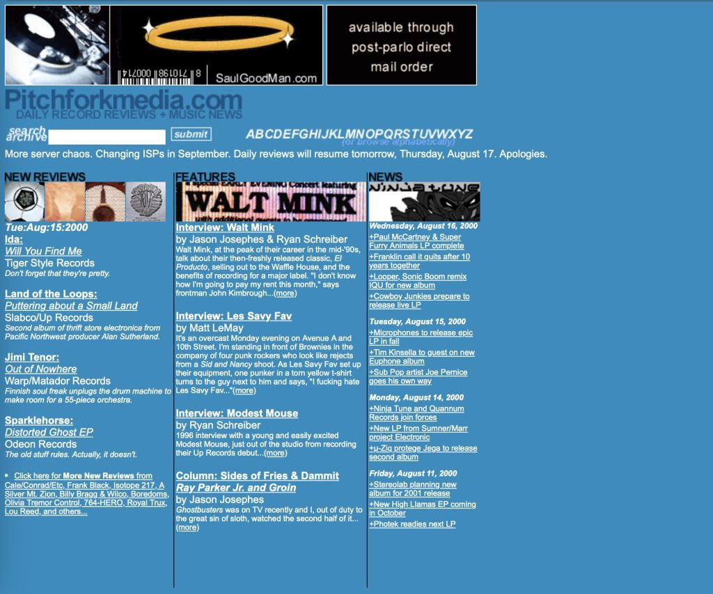 Pitchfork'un anasayfasının 1996 yılından bir ekran görüntüsü.
