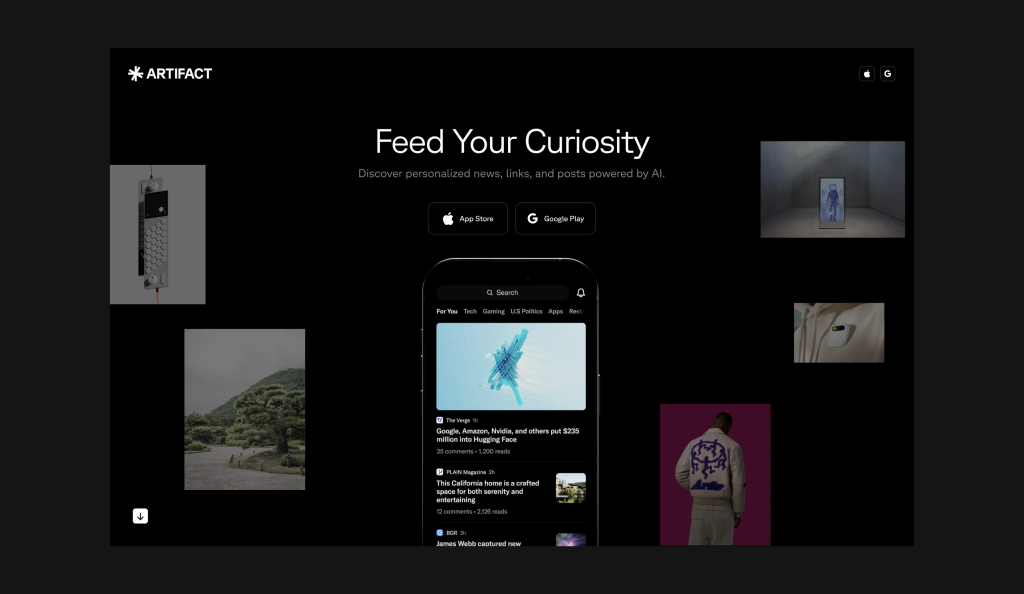 Merkezinde Artifact uygulamasının açık olduğu bir telefon olan Artifact tanıtım görseli.
