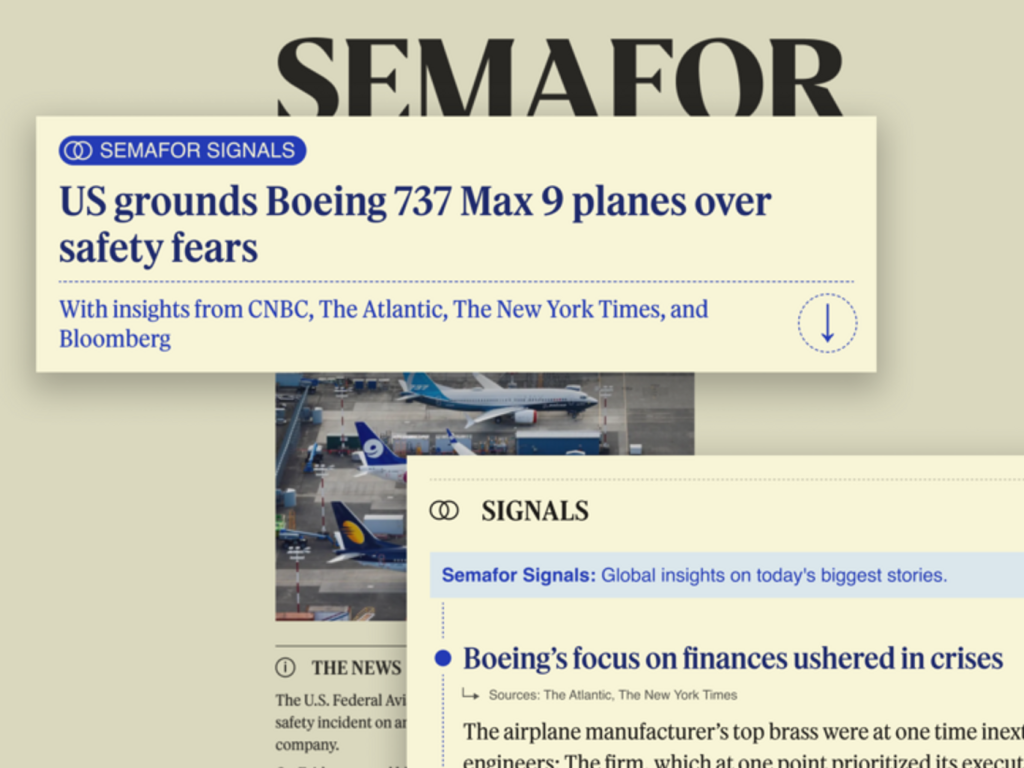 Semafor'un sitesinden alınan ekran görüntülerinden oluşan kolaj, Semafor Signals projesinin örneklerini gösteriyor.