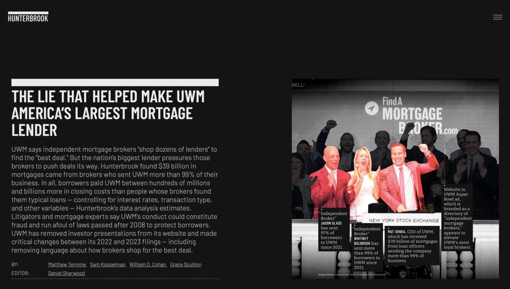 Odak konusunun merkezindeki haber sitesi Hunterbrook'un ana sayfasının ekran görüntüsü. Siyah arka plan üzerine beyaz yazıyla temiz bir tasarım ve sadece yayınladıkları büyük araştırma dosyası görülüyor.