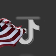 Görselin merkezinde siyah beyaz gazete efekti verilmiş bir TikTok logosu var. Görselin sol tarafında ise üzerine doğru dalgalanan bir ABD bayrağı görülüyor.