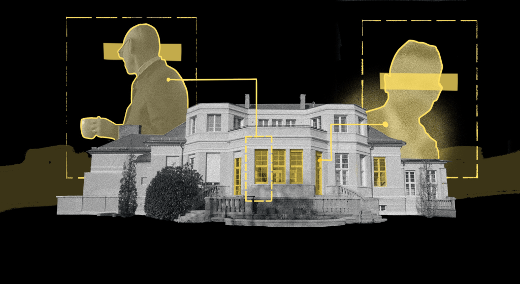 Correctiv'in Almanya'da AfD ve Neonaziler arasındaki anlaşmayı ortaya çıkaran dosyasının kapak görselinde büyük bir ev ve üzerinde sarı renkte anonimleştirilmiş insan figürleri var.