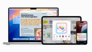 Apple Intelligence'ın farklı kullanımını göstermek için hazırlanan görselde farklı Apple Intelligence uygulamaları bir Macbook, bir iPad ve bir iPhone ekranında gösteriliyor.