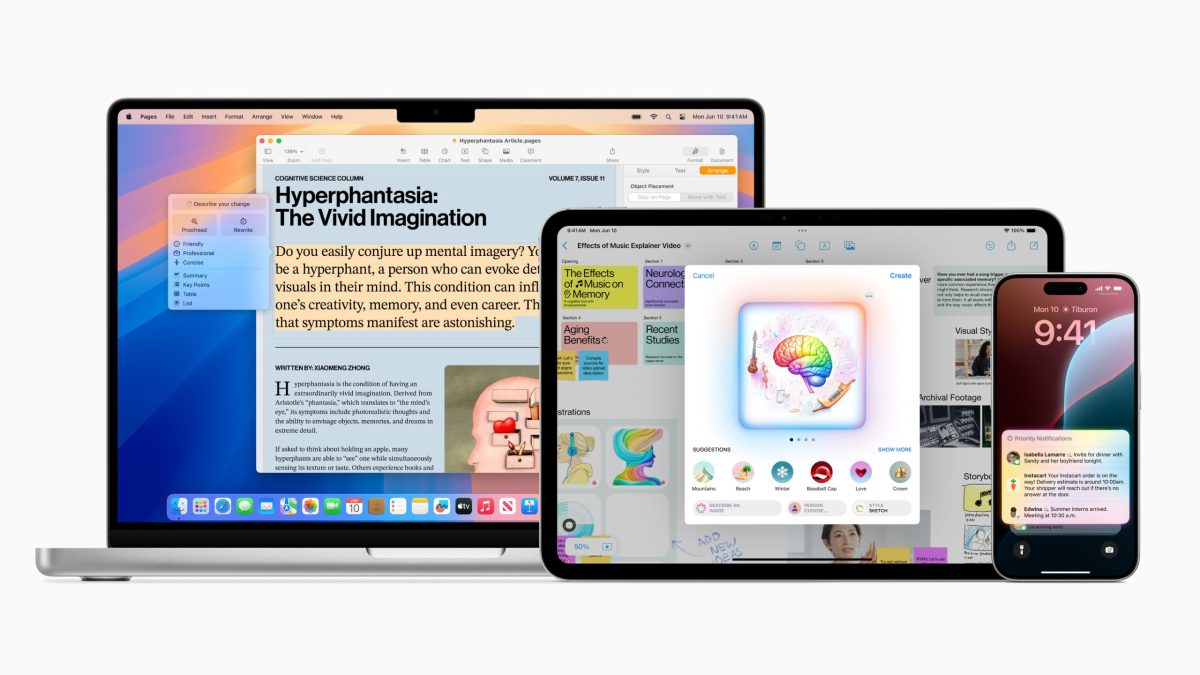 Apple Intelligence'ın farklı kullanımını göstermek için hazırlanan görselde farklı Apple Intelligence uygulamaları bir Macbook, bir iPad ve bir iPhone ekranında gösteriliyor.