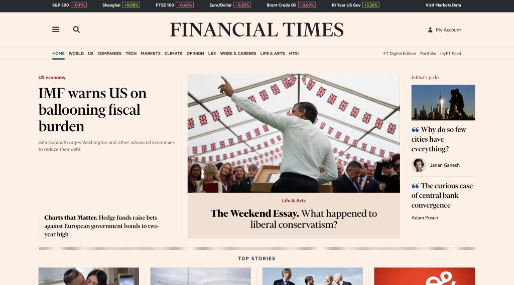 Financial Times'ın ana sayfasından alınmış bir ekran görüntüsü.
