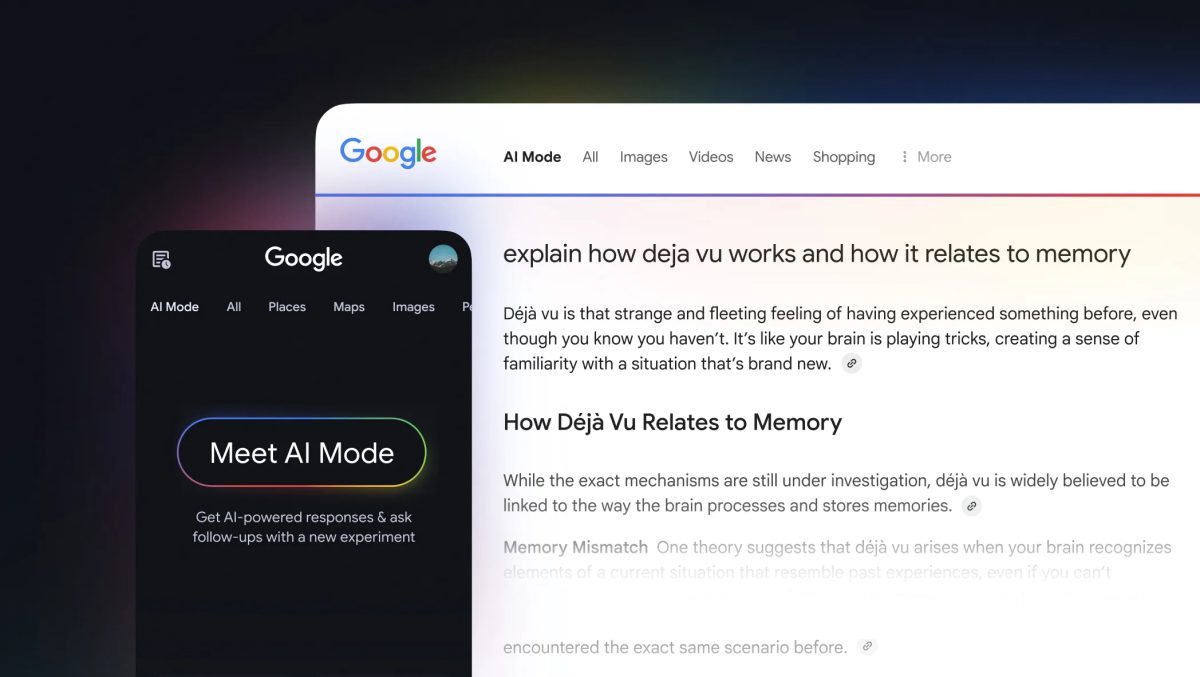 Google'ın AI Mode özelliğini gösteren bir telefon ve bir bilgisayar ekranının yan yana durduğu bir tanıtım görseli.
