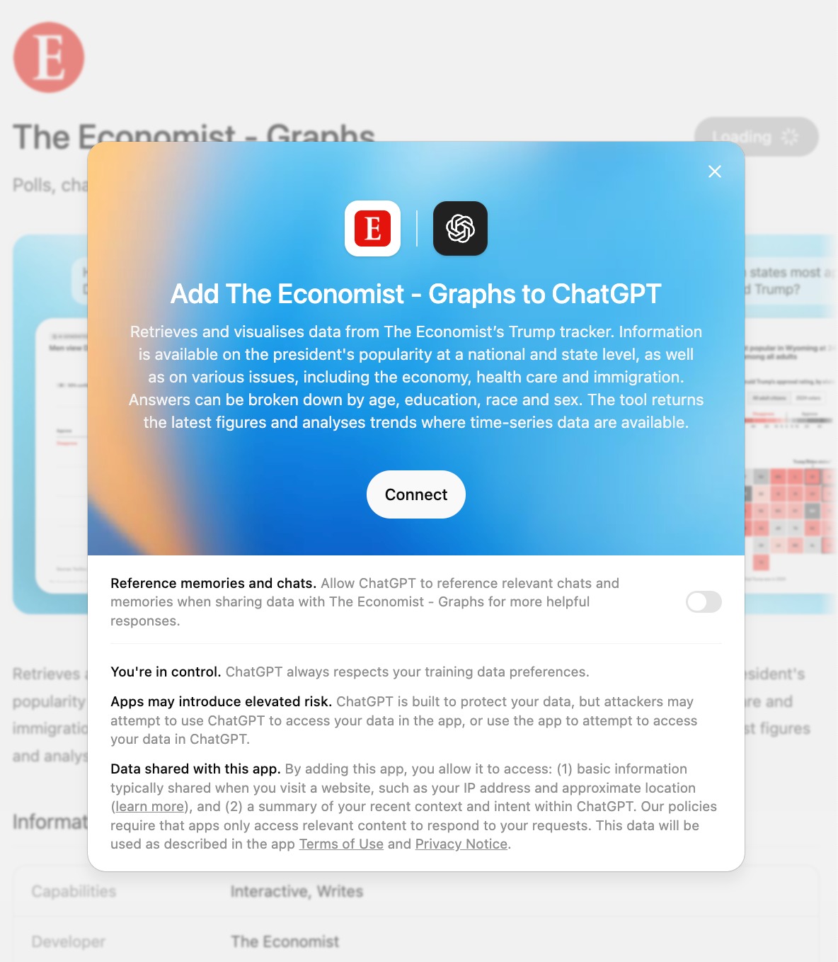 Görselde, "The Economist - Graphs" eklentisini ChatGPT'ye bağlamayı öneren bir açılır onay penceresi (pop-up) yer almaktadır. Pencerede eklentinin Donald Trump ile ilgili anket verilerini, popülerlik grafiklerini ve ekonomi gibi konulara dair istatistikleri ChatGPT'ye aktarma işlevi açıklanmakta ve altında "Connect" (Bağlan) butonu ile izin şartları bulunmaktadır.